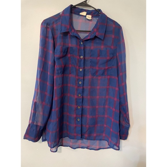 Mudd Tops - Vintage Mudd Plaid Sheer Button Down Shirt Blue Purple Large